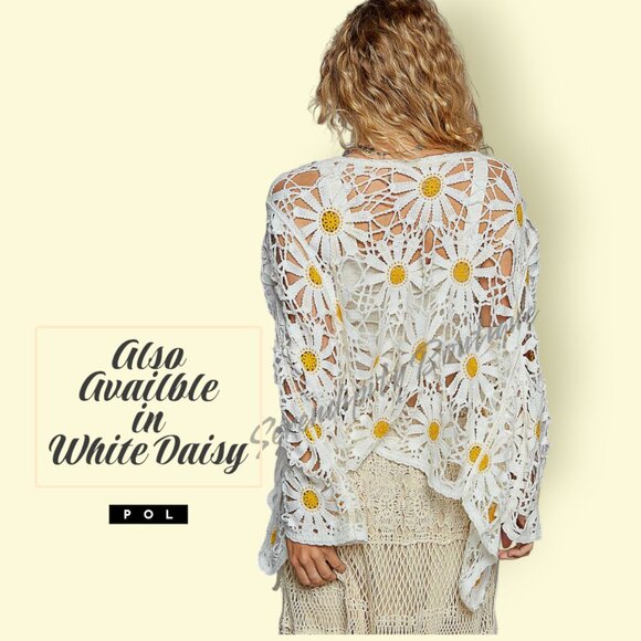 POL Mint Daisies Large Pattern Crochet Cut Out Open Front Shacket Cardigan Top - Picture 7 of 9